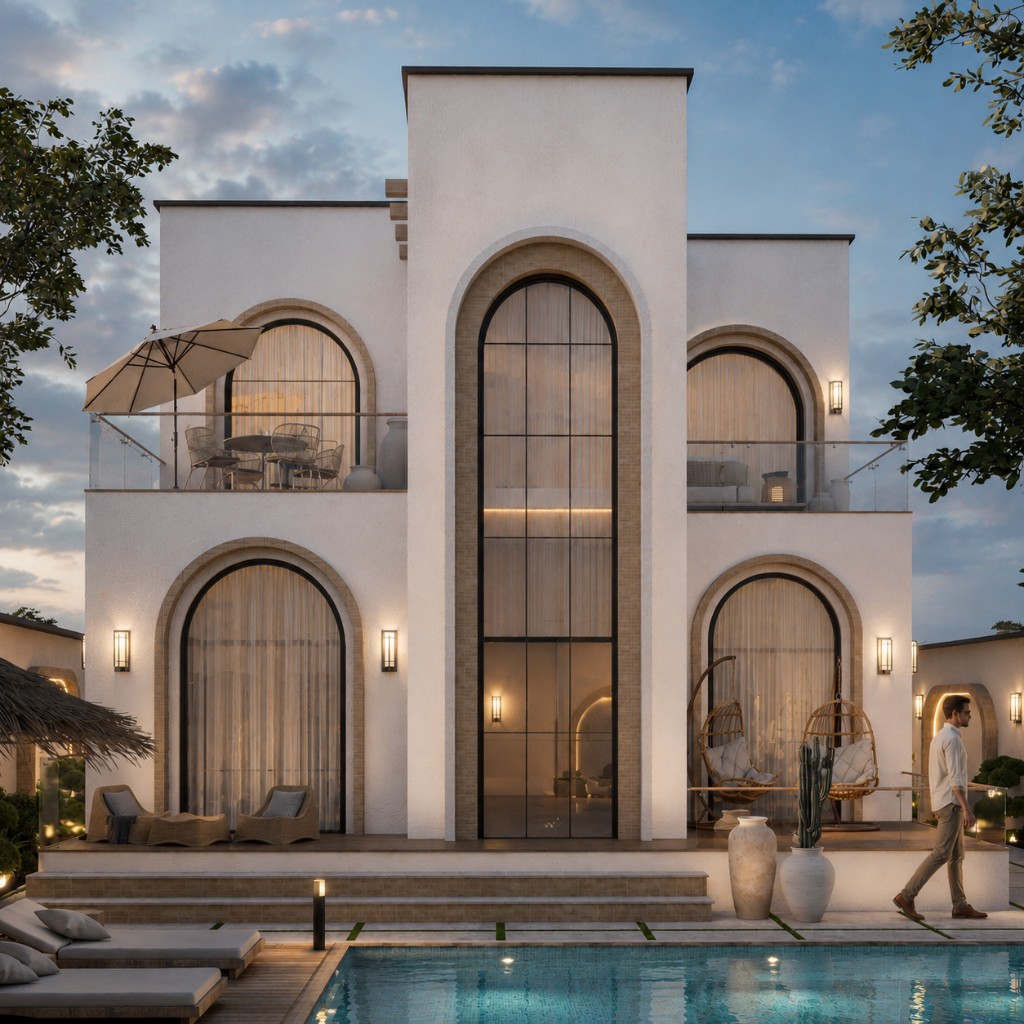 Bohoo Villa — pool and facade at dusk