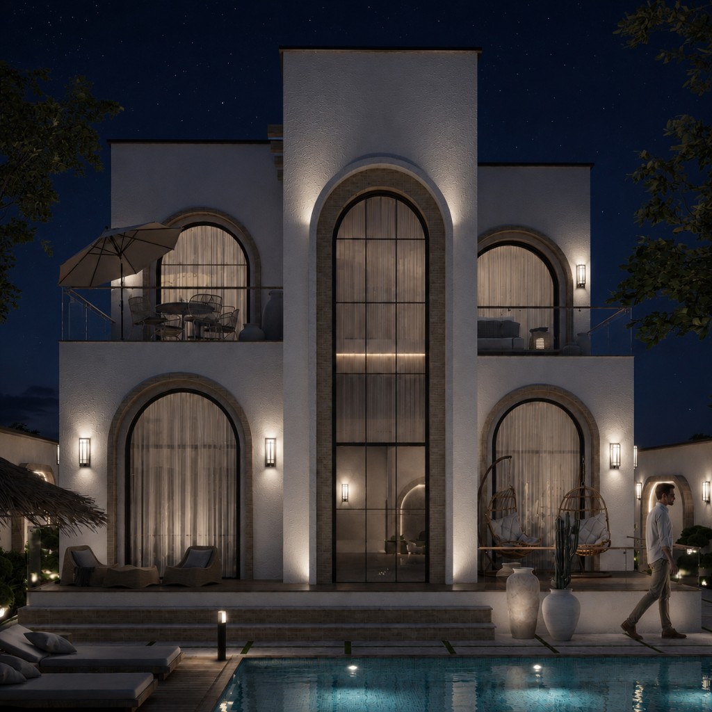 Bohoo Villa — pool and facade at night