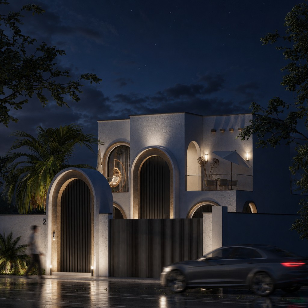 Bohoo Villa — street facade, Ramsar (night)